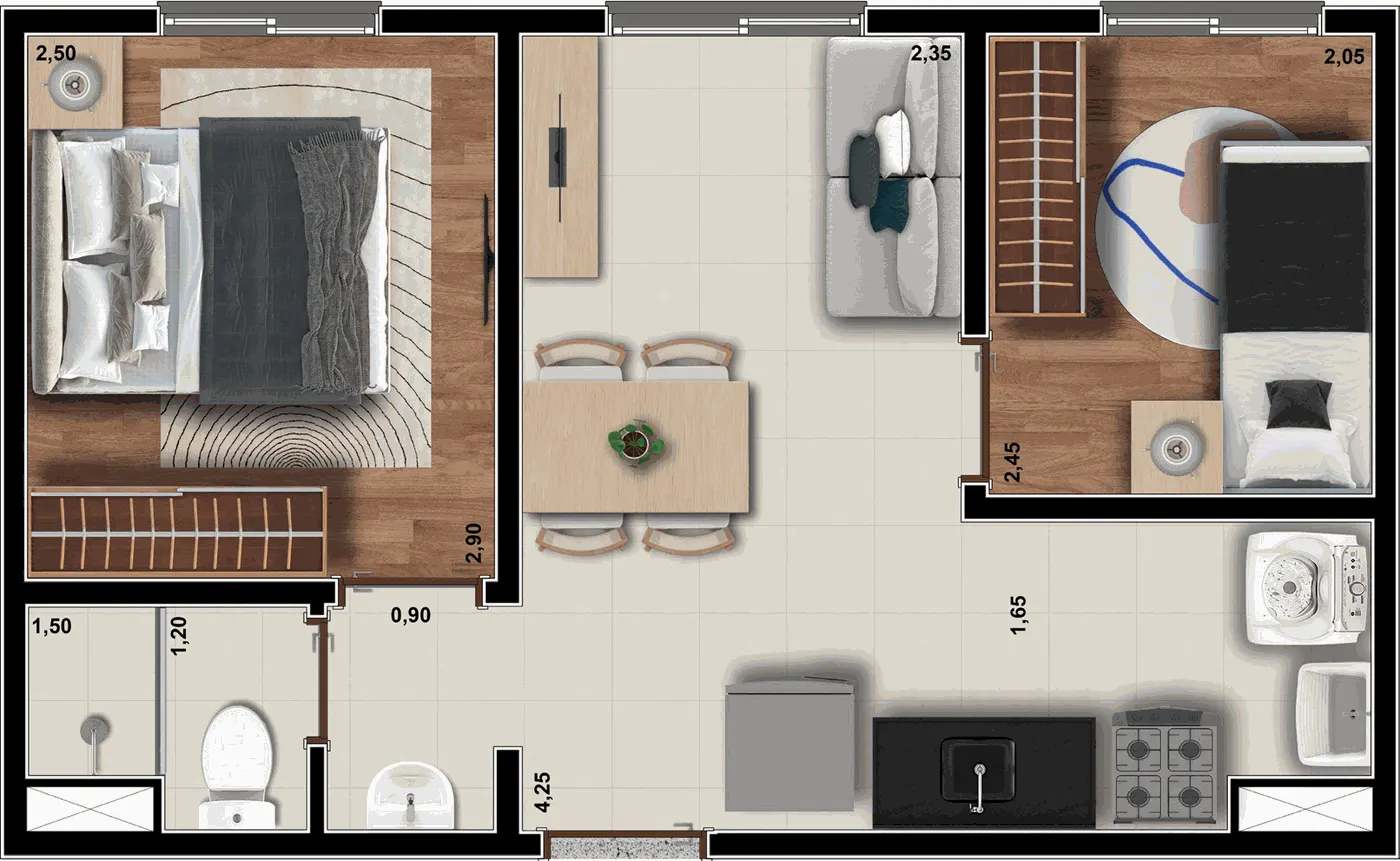 Planta do apartamento de 2 dormitórios com 33,50 m²