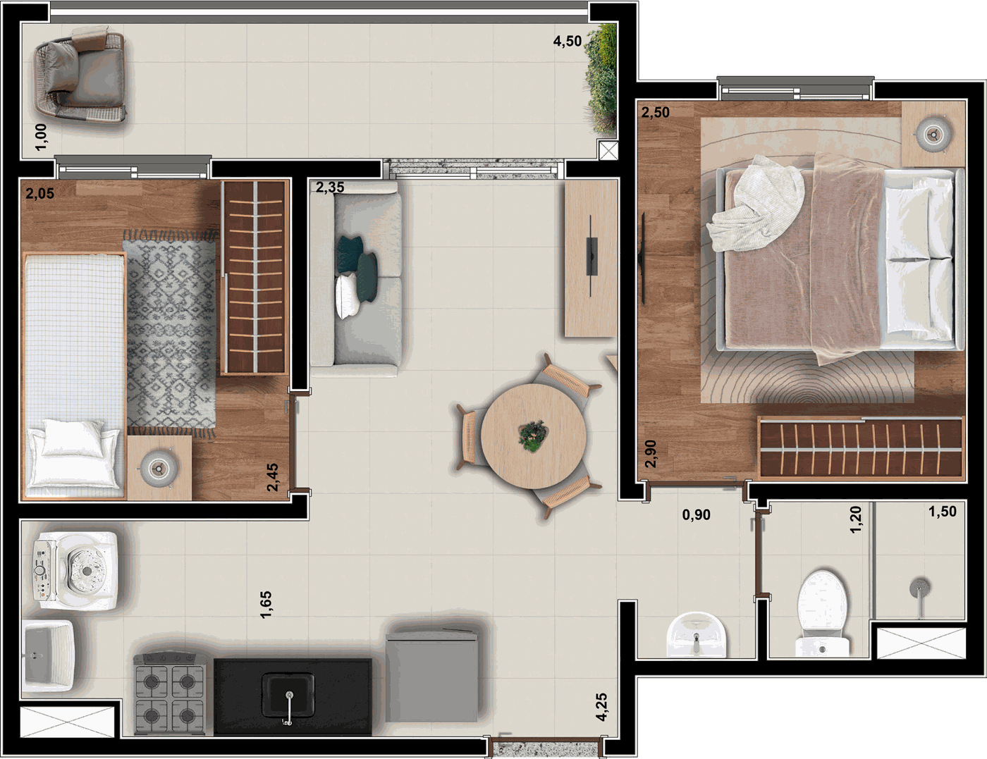 Planta do apartamento de 2 dormitórios com 39,50 m²